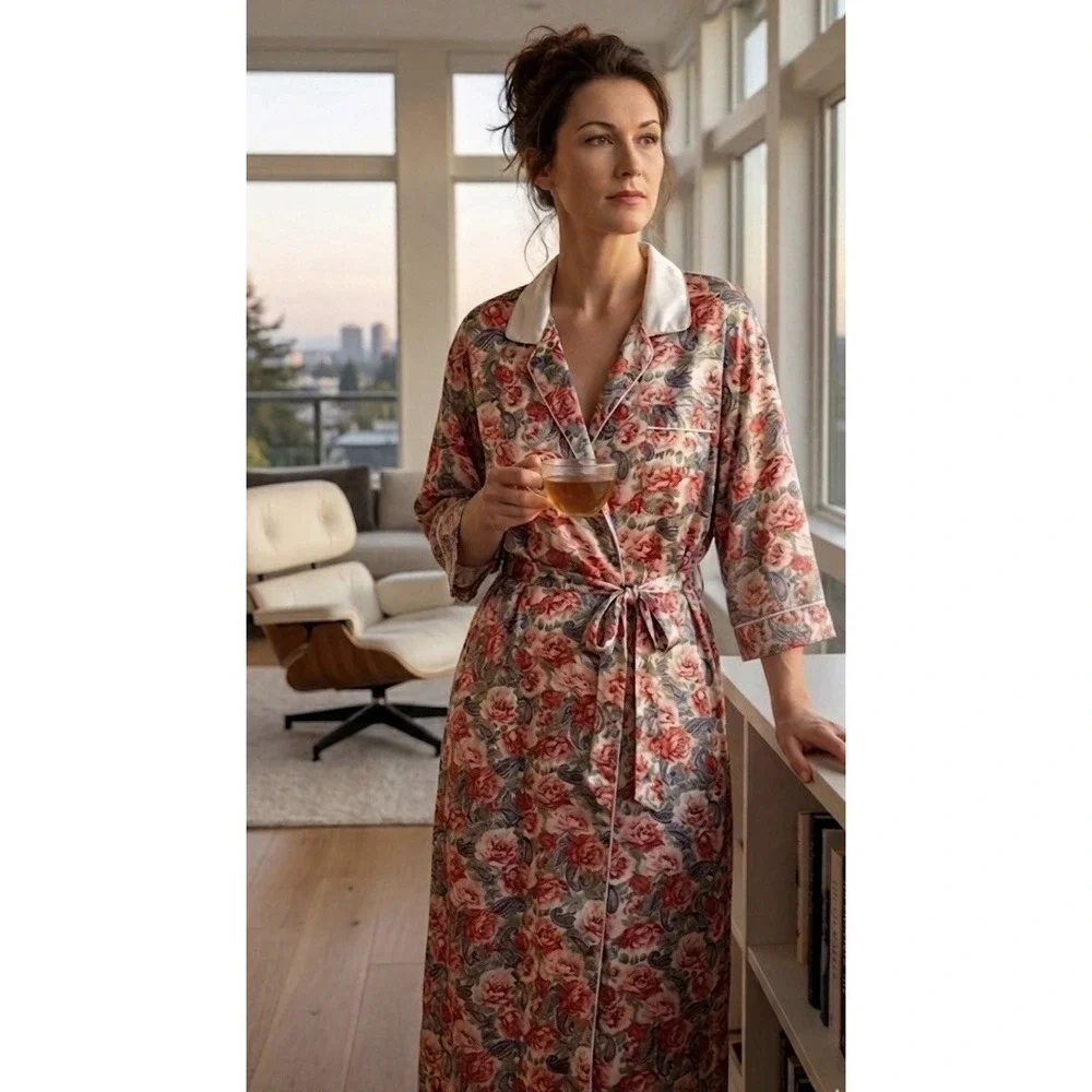 Floral Robe Roses & Paisley LS Buttons Collar Daford XL Cottagecore EUC Lounge